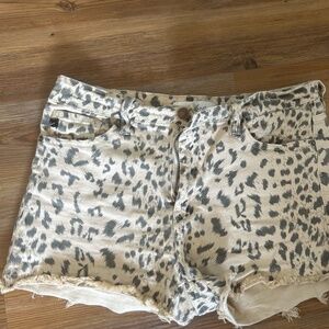 Kancan animal print, frayed hem, denim,  shorts. Size L.